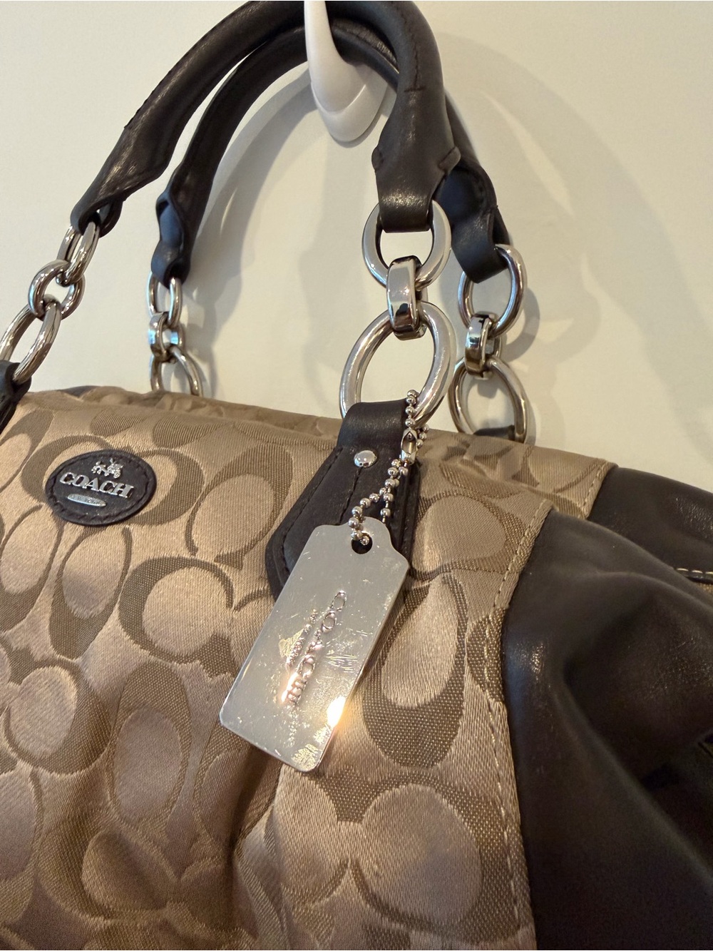 Coach Khaki Signature Jacquard Satchel with Black Leather Trim - Picture 2 of 12